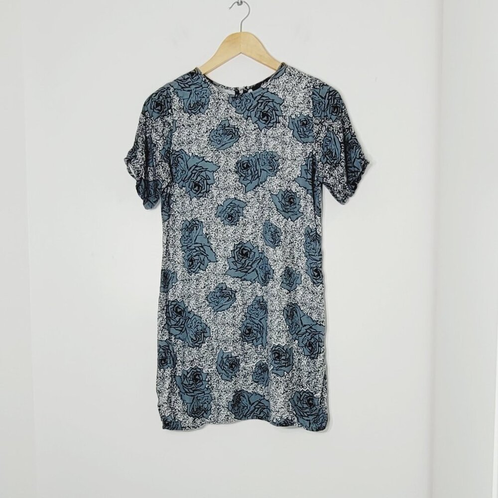 Motel Black Gray Roses Short Sleeve T-Shirt Dress Zip Lightweight Size XSmall